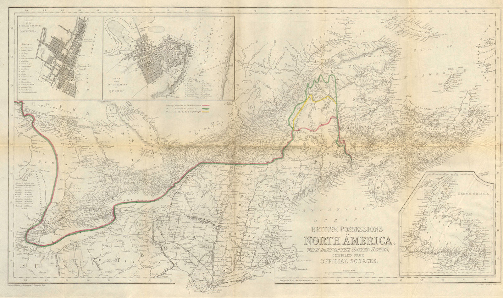 CANADA. Webster-Ashburton treaty. Maine/NB. Montreal & Quebec plans c1843 map